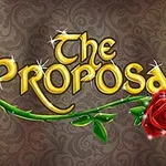 Chữ The Proposal màu vàng lấp lánh với một bông hồng đỏ trên nền họa tiết trang trí