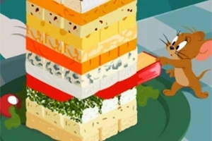 Một chú chuột hoạt hình đang kéo một miếng phô mai từ một chồng phô mai nhiều lớp trên đĩa