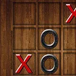 Bàn cờ caro trên nền gỗ với các ký hiệu X màu đỏ và O màu đen