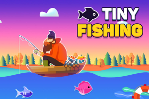 Người đàn ông đội mũ len ngồi trên thuyền câu cá giữa hồ với mặt trời lặn phía sau và chữ Tiny Fishing ở góc trên bên phải