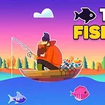 Người đàn ông đội mũ len ngồi trên thuyền câu cá giữa hồ với mặt trời lặn phía sau và chữ Tiny Fishing ở góc trên bên phải