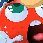 Nhân vật hoạt hình có biểu cảm ngạc nhiên, mắt to màu xanh lá và miệng đang mở rộng