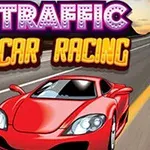 Xe thể thao màu đỏ chạy trên đường cao tốc với bầu trời hoàng hôn và chữ Traffic Car Racing ở trên