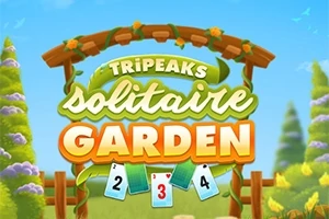 Bảng hiệu gỗ với chữ TRIPEAKS solitaire GARDEN và các lá bài, trên nền cảnh vườn cây xanh tươi