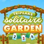 Bảng hiệu gỗ với chữ TRIPEAKS solitaire GARDEN và các lá bài, trên nền cảnh vườn cây xanh tươi
