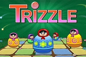 Hình ảnh các búp bê Nga nhiều màu sắc trên bàn cờ với chữ Trizzle nổi bật bên trên nền màu xanh