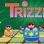 Hình ảnh các búp bê Nga nhiều màu sắc trên bàn cờ với chữ Trizzle nổi bật bên trên nền màu xanh