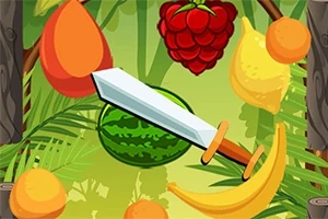 Hình ảnh có một thanh kiếm và các loại trái cây như dưa hấu, xoài, chuối, quả mâm xôi và lát chanh trên nền lá cây