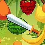 Hình ảnh có một thanh kiếm và các loại trái cây như dưa hấu, xoài, chuối, quả mâm xôi và lát chanh trên nền lá cây