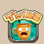 Hình ảnh có một cốc màu cam với khuôn mặt biểu cảm và chữ TWINZ phía trên