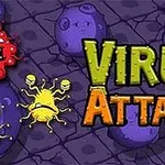 Các nhân vật virus hoạt hình đầy màu sắc trên nền tối với chữ Virus Attack