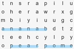 Bảng chữ cái với các từ banana, pear, và pome được đánh dấu bằng màu xanh lam