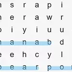 Bảng chữ cái với các từ banana, pear, và pome được đánh dấu bằng màu xanh lam