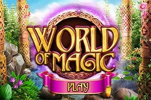 Hình ảnh hiển thị tiêu đề lớn World of Magic với khung cảnh rừng phép thuật và nút Play trên băng ruy băng màu hồng, bao quanh bởi cây cối và hoa