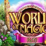 Hình ảnh hiển thị tiêu đề lớn World of Magic với khung cảnh rừng phép thuật và nút Play trên băng ruy băng màu hồng, bao quanh bởi cây cối và hoa