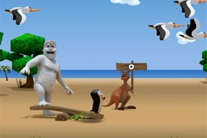 Một nhân vật hoạt hình màu trắng đứng trên bãi biển với một chú chim cánh cụt và kangaroo, nền trời xanh và có vài con chim đang bay