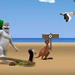 Một nhân vật hoạt hình màu trắng đứng trên bãi biển với một chú chim cánh cụt và kangaroo, nền trời xanh và có vài con chim đang bay