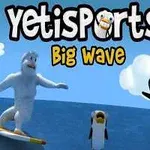 Yeti đang lướt sóng cùng hai chú chim cánh cụt nhảy lên khỏi mặt nước dưới bầu trời xanh