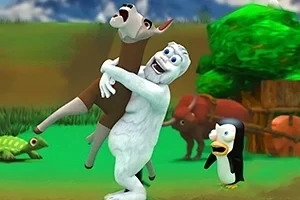Một sinh vật lông trắng đang bế một con lừa nhỏ, với một con chim cánh cụt và các loài động vật khác trong nền trên đồng cỏ xanh