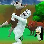 Một sinh vật lông trắng đang bế một con lừa nhỏ, với một con chim cánh cụt và các loài động vật khác trong nền trên đồng cỏ xanh