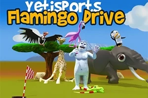 Yeti đứng trước với các loài động vật như chim hồng hạc, hươu cao cổ, voi và chim cánh cụt trên bãi cỏ xanh dưới bầu trời xanh ngắt có mây