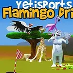 Yeti đứng trước với các loài động vật như chim hồng hạc, hươu cao cổ, voi và chim cánh cụt trên bãi cỏ xanh dưới bầu trời xanh ngắt có mây