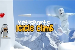 Một yeti đang nhảy từ tảng băng giữa khung cảnh núi tuyết, bên cạnh là một chú chim cánh cụt và dòng chữ Icicle Climb