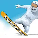 Một sinh vật tuyết đang trượt ván chiếc ván màu cam trên nền băng tuyết, mang kính bảo vệ màu cam