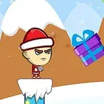Nhân vật mặc trang phục ông già Noel đứng trên băng, trước hai hộp quà có nơ màu xanh trong khung cảnh tuyết rơi