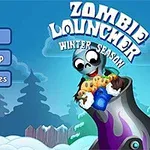 Một hình vẽ vui tươi với zombie đang nhảy ra từ khẩu đại bác giữa khung cảnh mùa đông có cây thông phủ tuyết